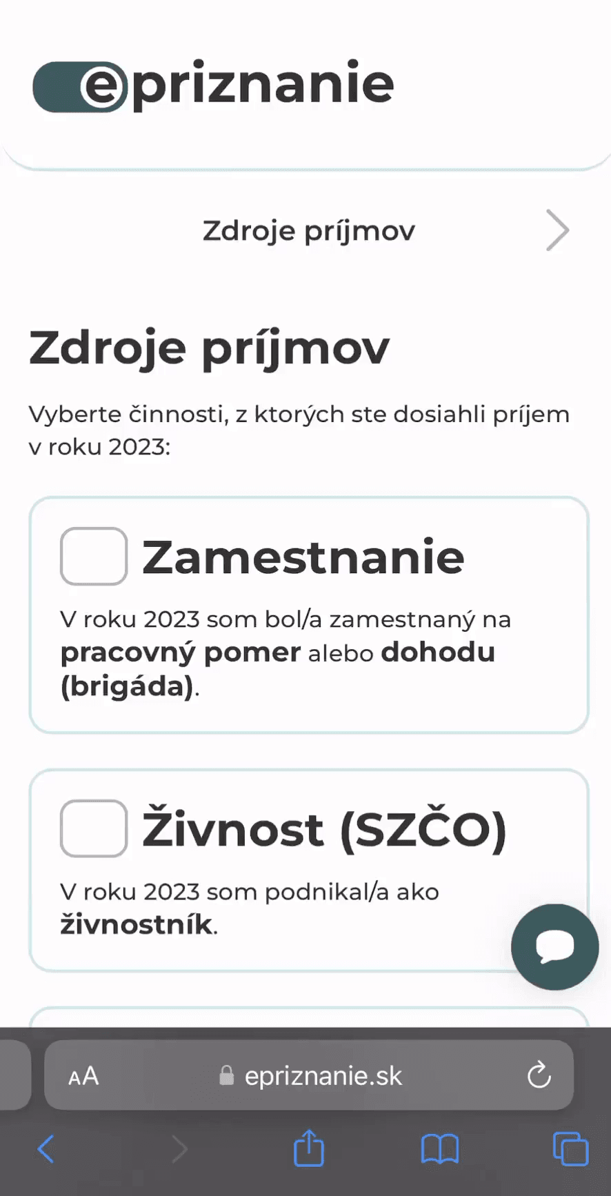 Ukážka aplikácie epriznanie.sk na mobile